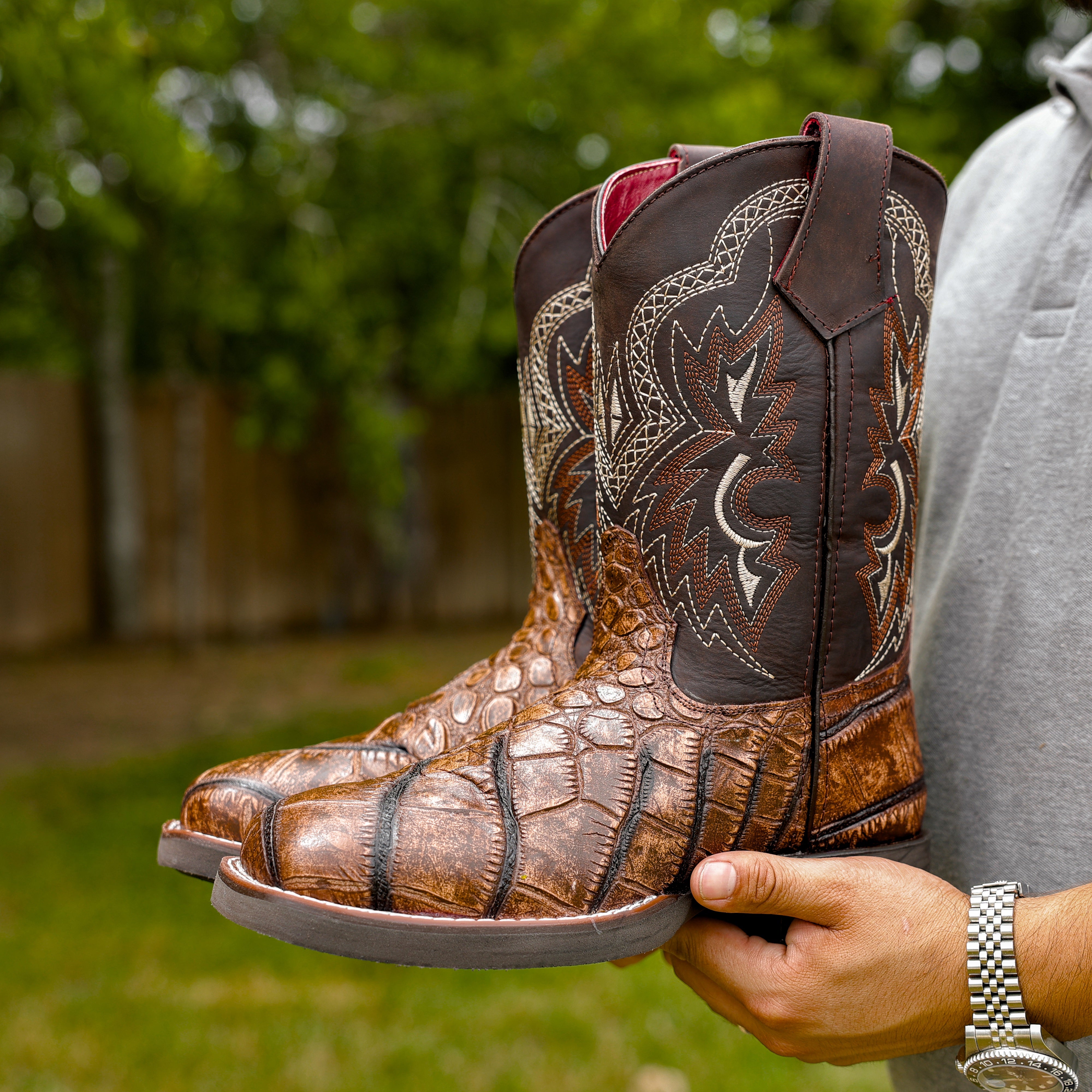 Orix American Gator Belly Leather Boots With Lightweight Soles - Square Toe