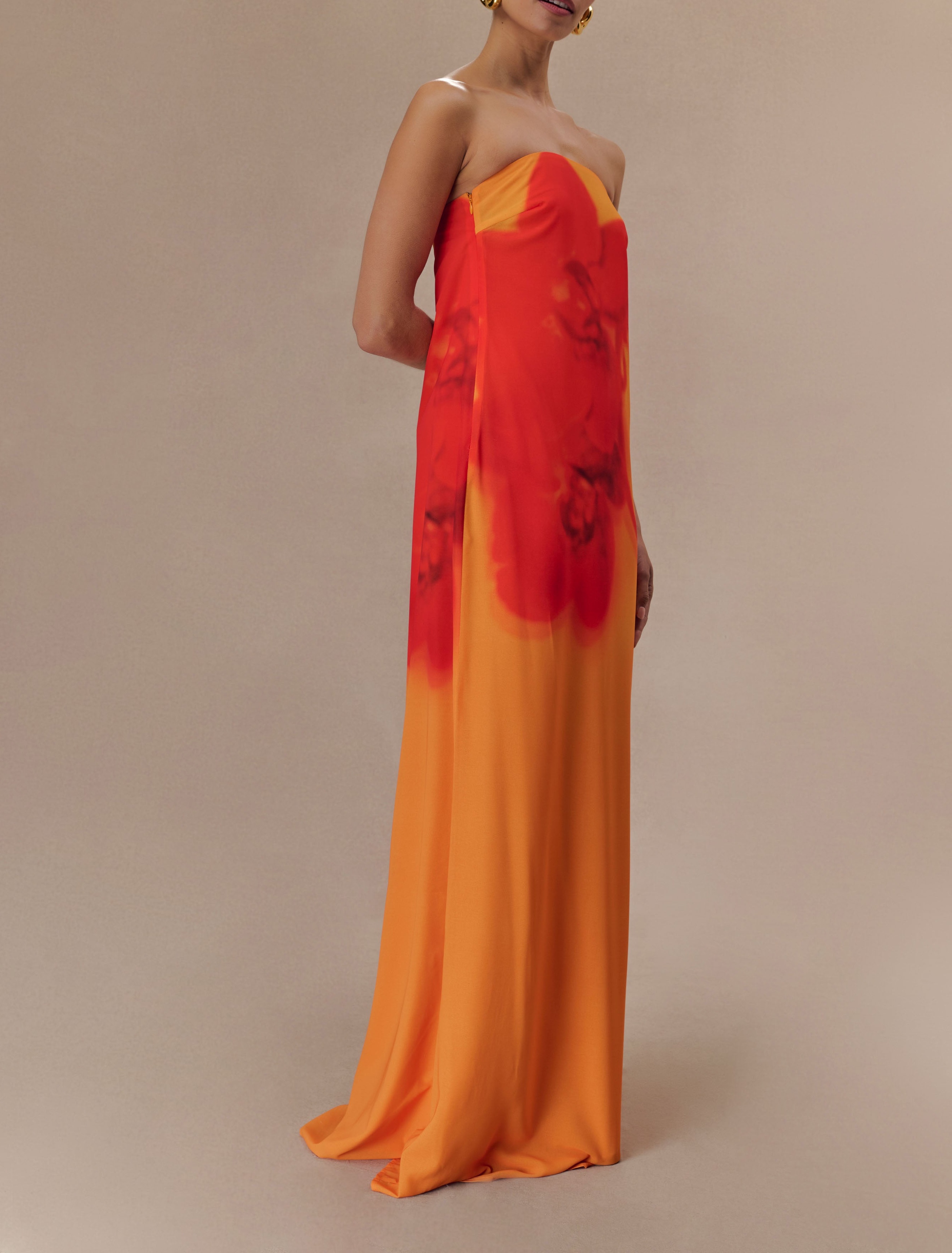 Print Strapless Chiffon Maxi Dress