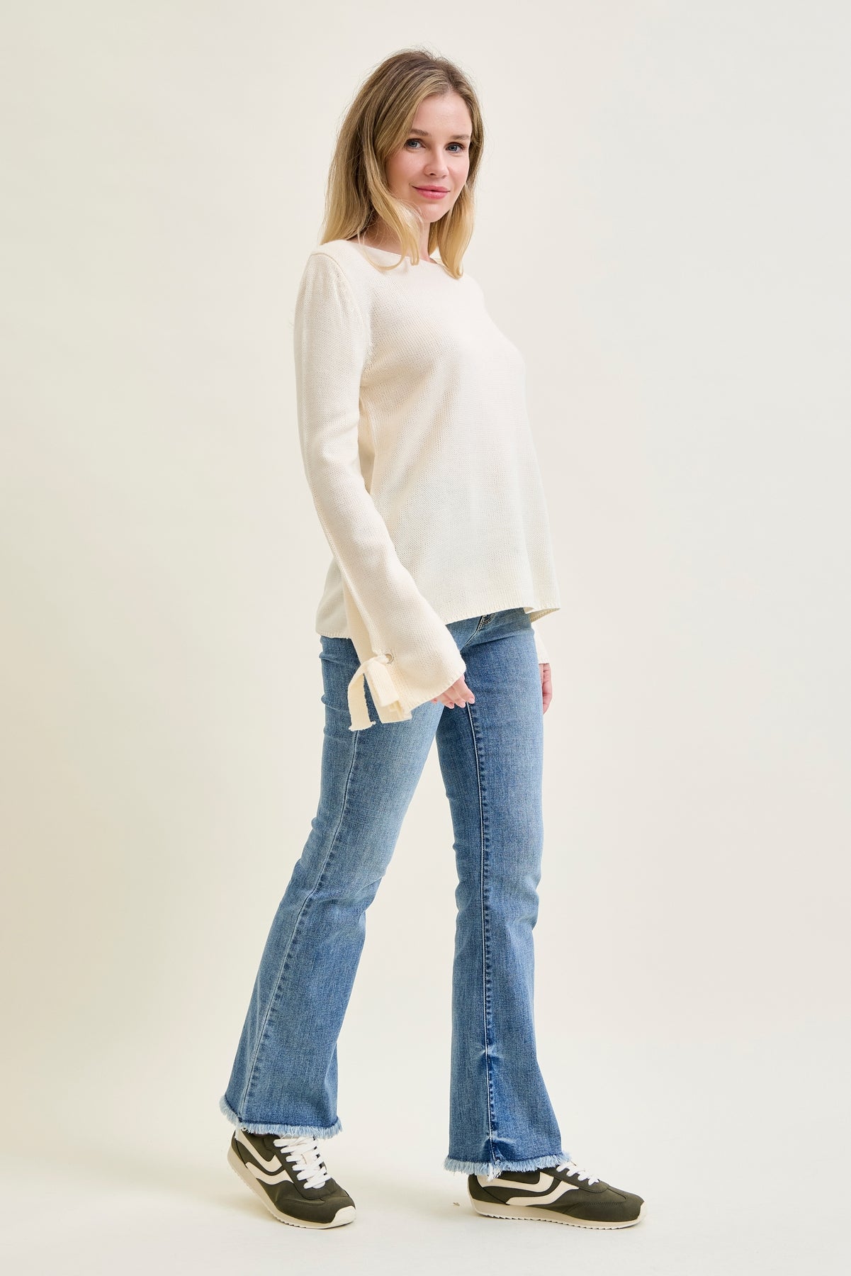 Tie Sleeve Pullover White Sweater