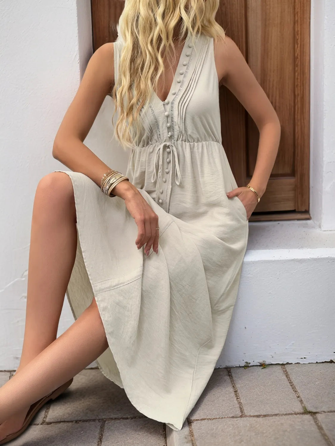 V-Neck Sleeveless Midi Dress