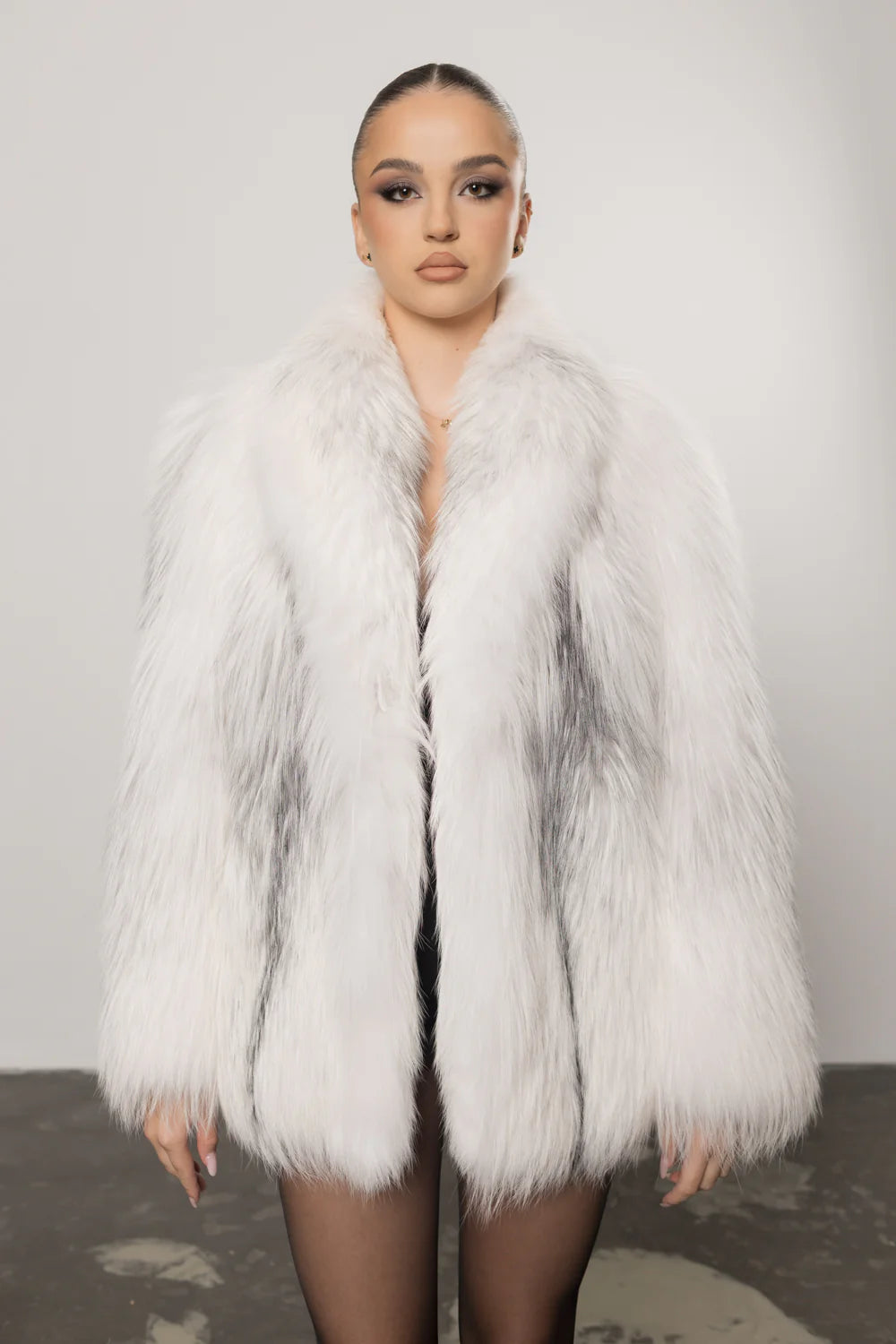 Haină din Blană Naturală de Vulpe Argintie, cu Guler Rever Șal, Femei, Arctic Silver 437