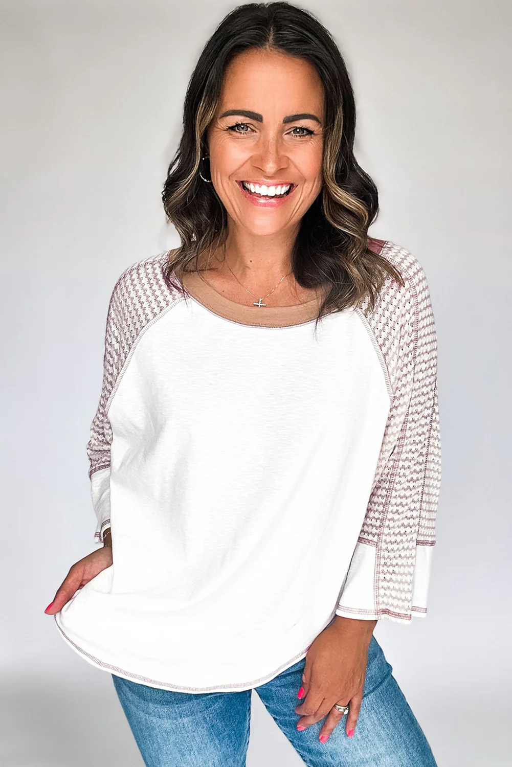 Striped Bracelet Sleeve Raglan Patchwork Top