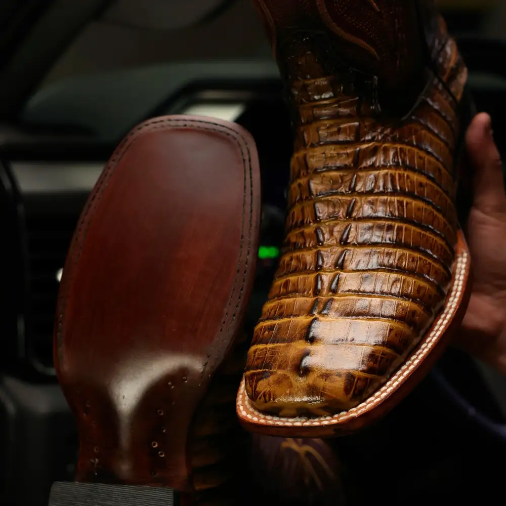 Honey Caiman Tail Leather Boots - Square Toe
