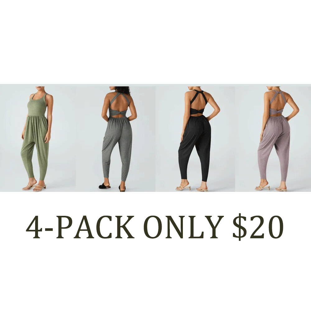 🔥💝Women's Backless Twisted U-Neck Harem Jumpsuit with Pockets