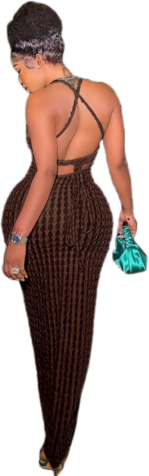 Women’s Solid Criss Cross Backless Cami Maxi Dress with Frill Trim