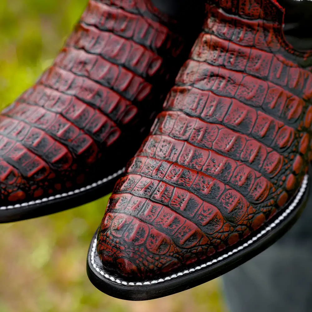 Black Cherry Caiman Hornback Leather Boots - Round Toe