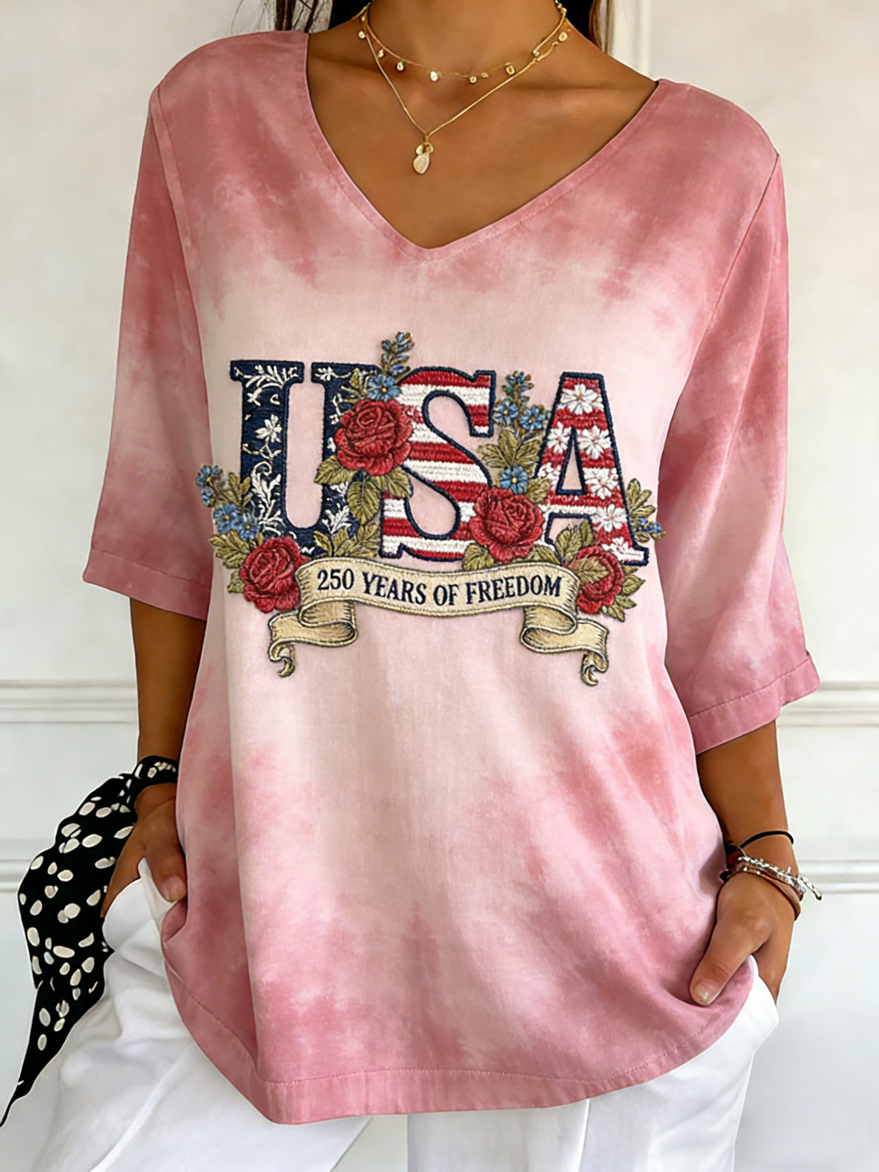 USA 250 Years Of Freedom Floral Embroidered V-Neck Top