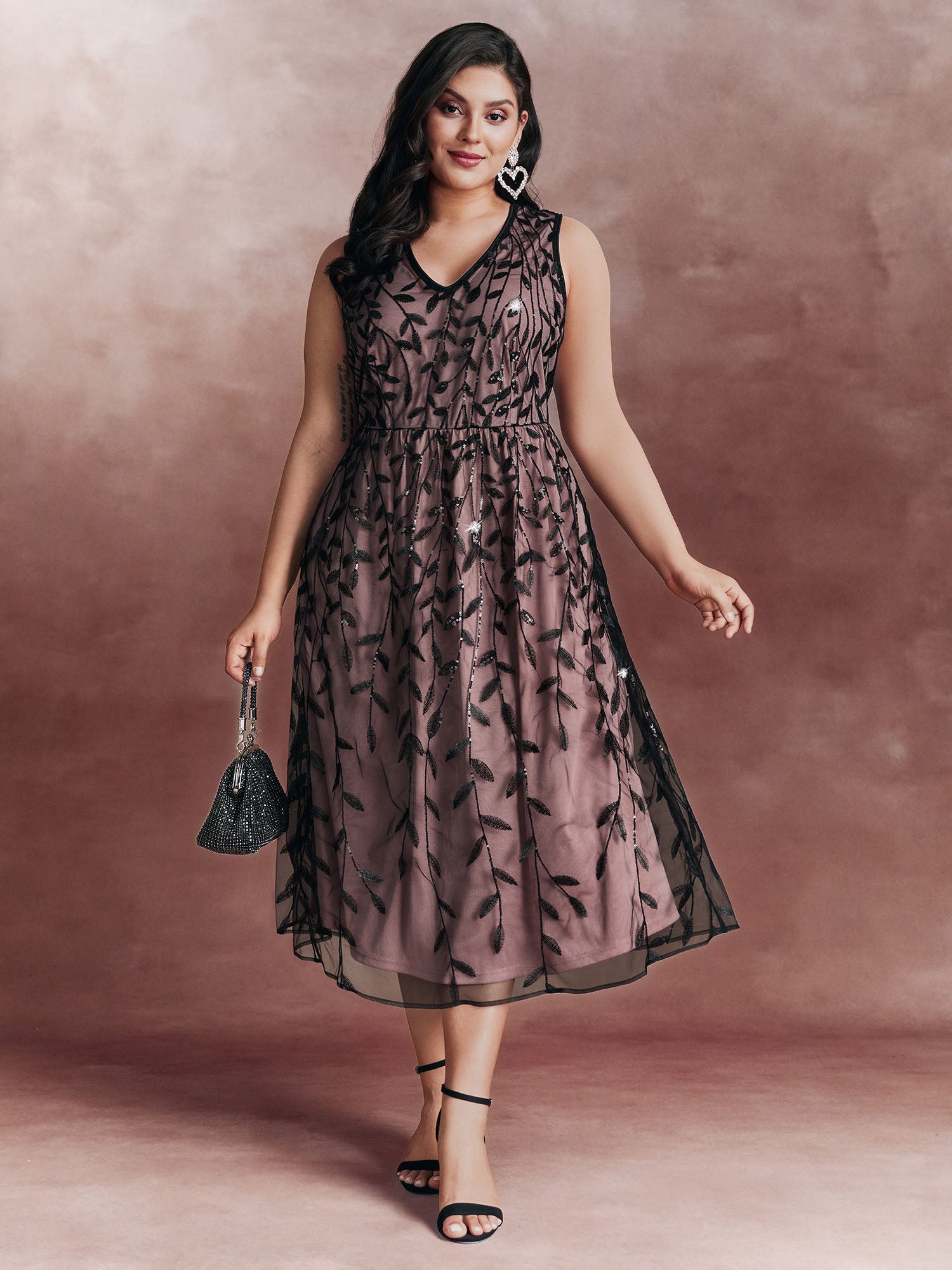 Sequin Embroidery Color Contrast V-Neck Midi Dress