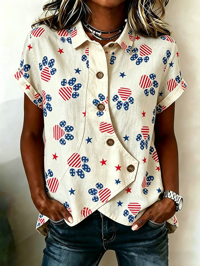 Women's Casual Retro Cotton-Linen Patriotic Shirt