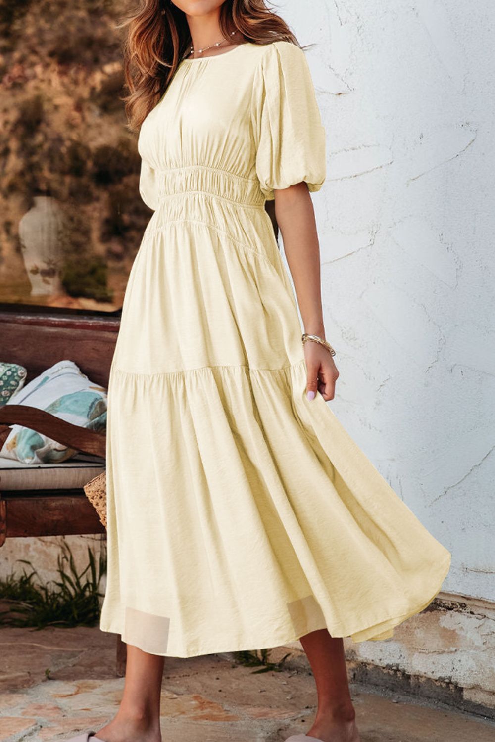 Puff Sleeve Pleated High Waist Flowy Midi Dress
