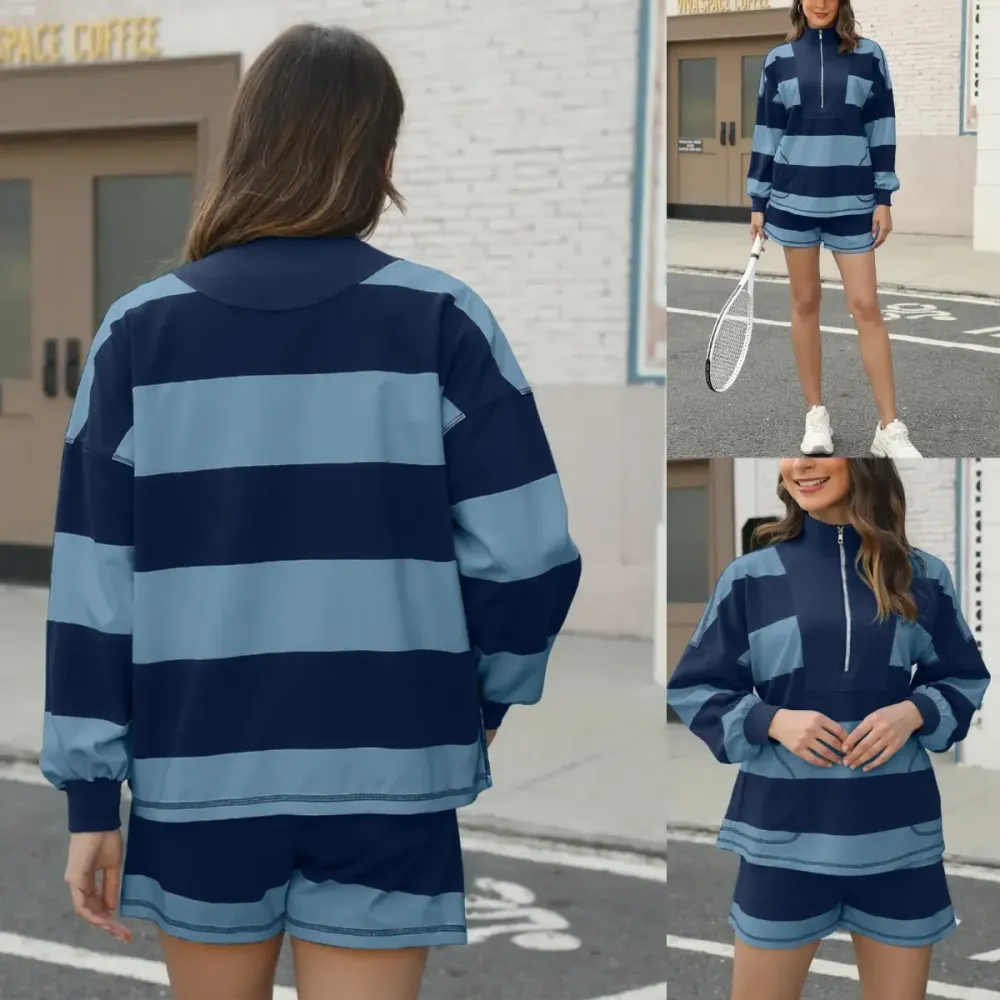 Women's Lounge Set 2 Piece Striped Long Sleeve Quarter Zip & Short Sleeve T Shirt