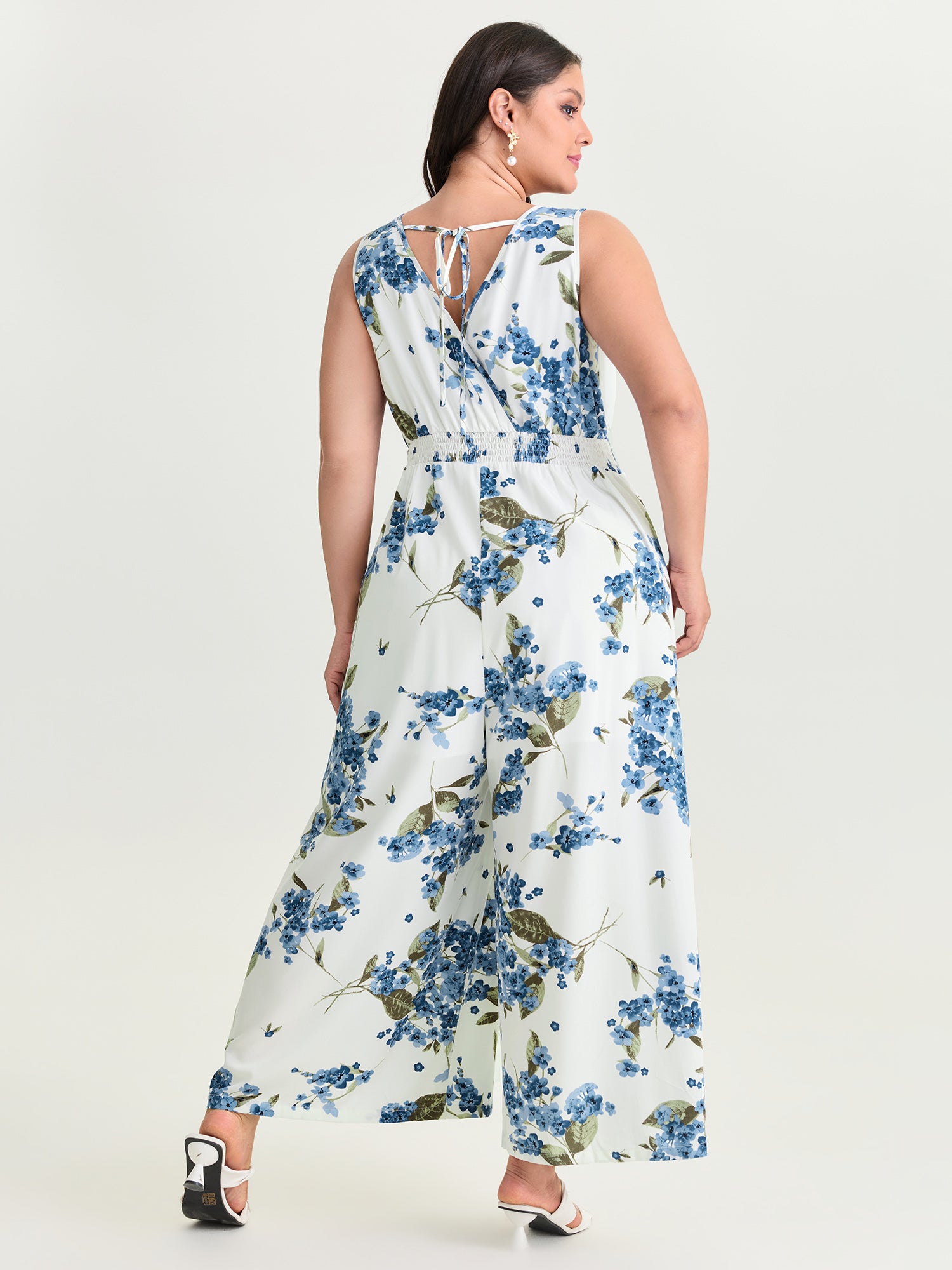 Large Floral Print Shirred Waist Jumpsuit