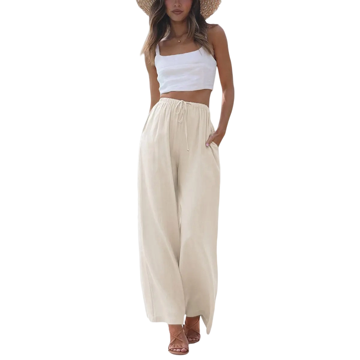 Women's Cotton Linen Summer Palazzo Pants Flowy Wide Leg Beach Trousers with Pockets Casual Womenswear