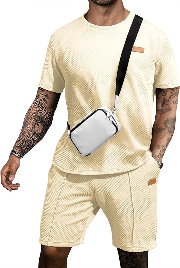 Men's Casual T-Shirts and Shorts Set Summer Jacquard Outfits Short Sleeve Polo Suit 2 Piece Shorts Sweatsuits