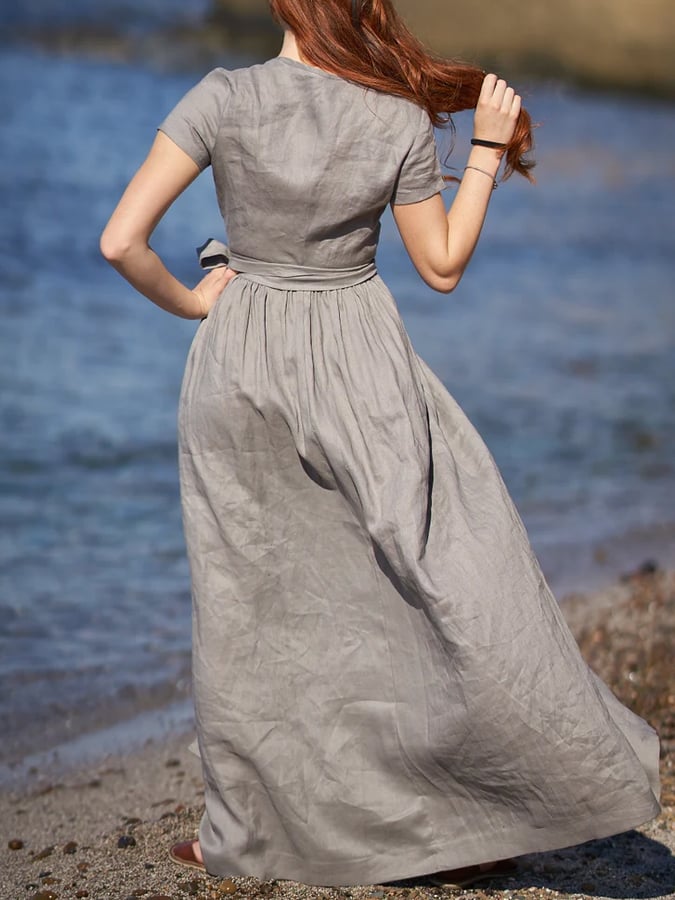 Women's Solid Color V-Neck Lace-Up Short Sleeve Linen Maxi Dress  edfd