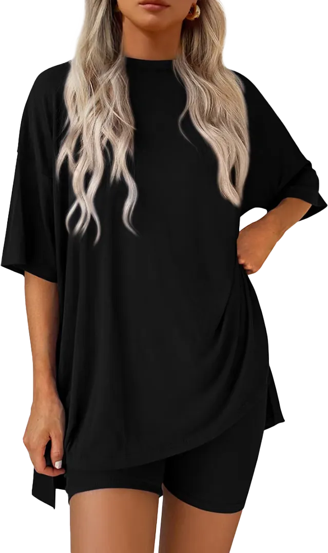 PrettyGarden Women's 2025 Summer 2-Piece Set – Oversized Shirt & Biker Shorts Lounge Outfit, Travel Ready with Split Hem Detail