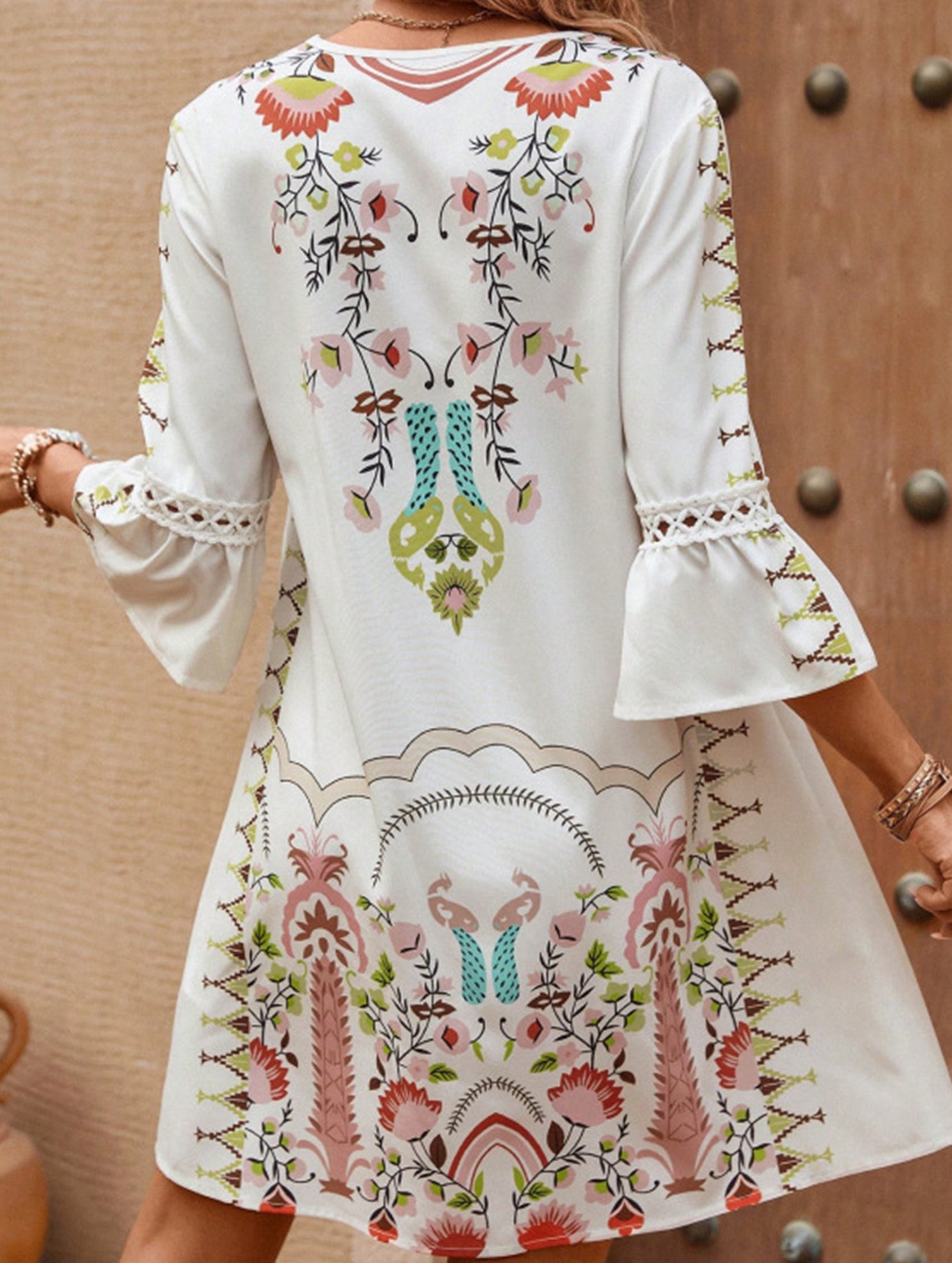 V Neck Lace Patch Print Dress