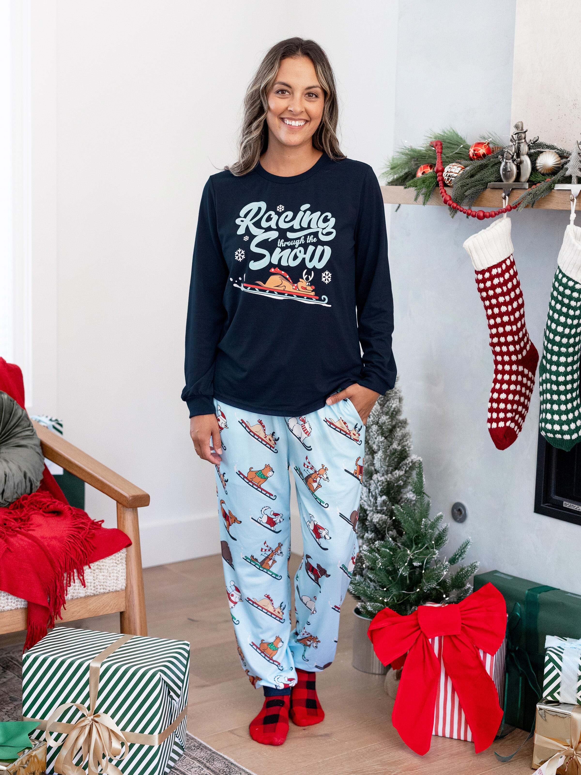 Christmas Matching Family Pajamas Set Sled Dogs Print PJS with Christmas Socks Blue