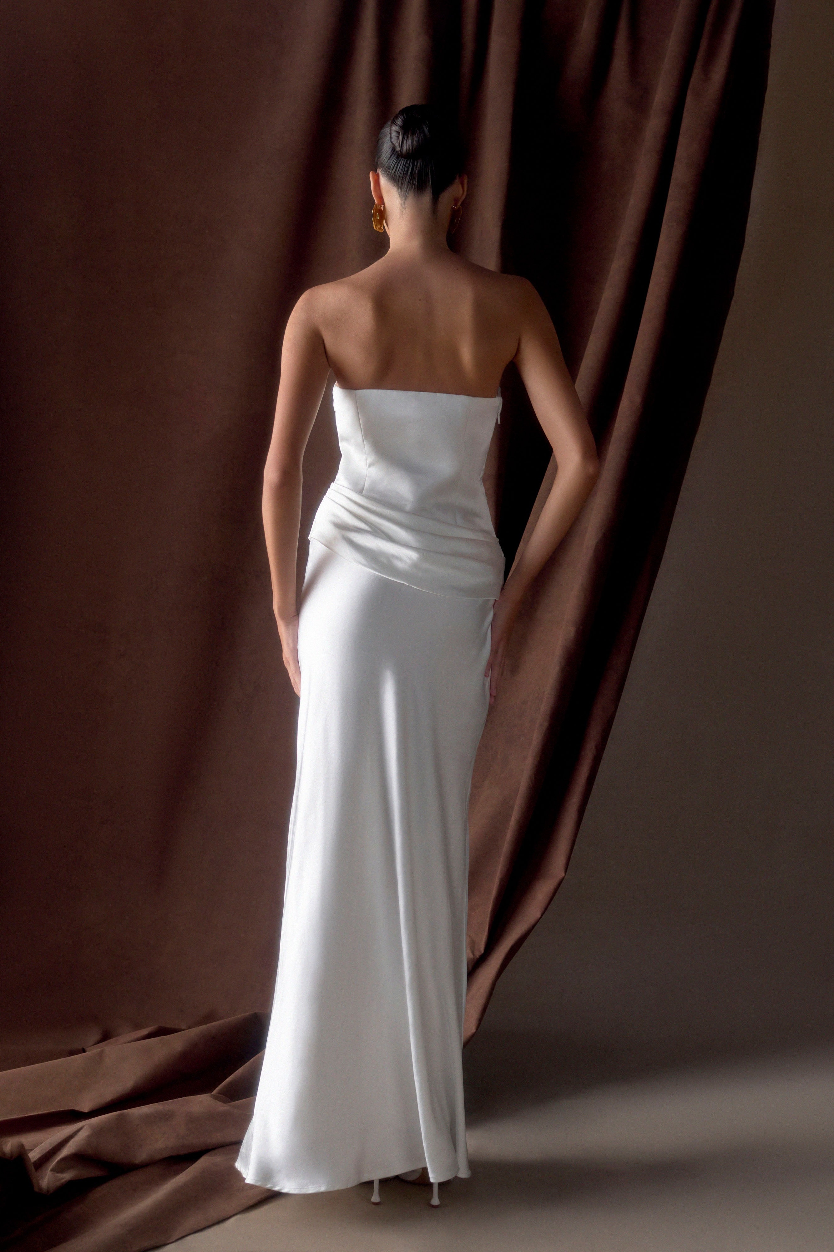 White Strapless Satin Maxi Dress