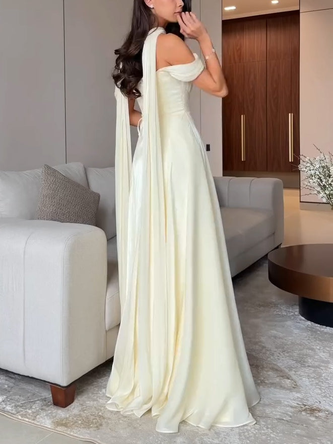 Cream Ribbon Off-shoulder Pleated Maxi Dress