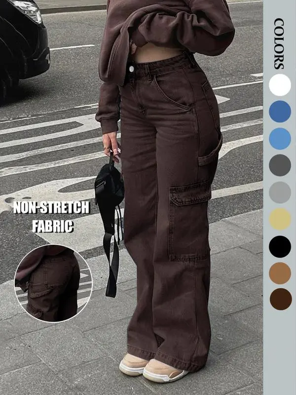 Women’s High-Waist Wide Leg Cargo Jeans with 6 Pockets
