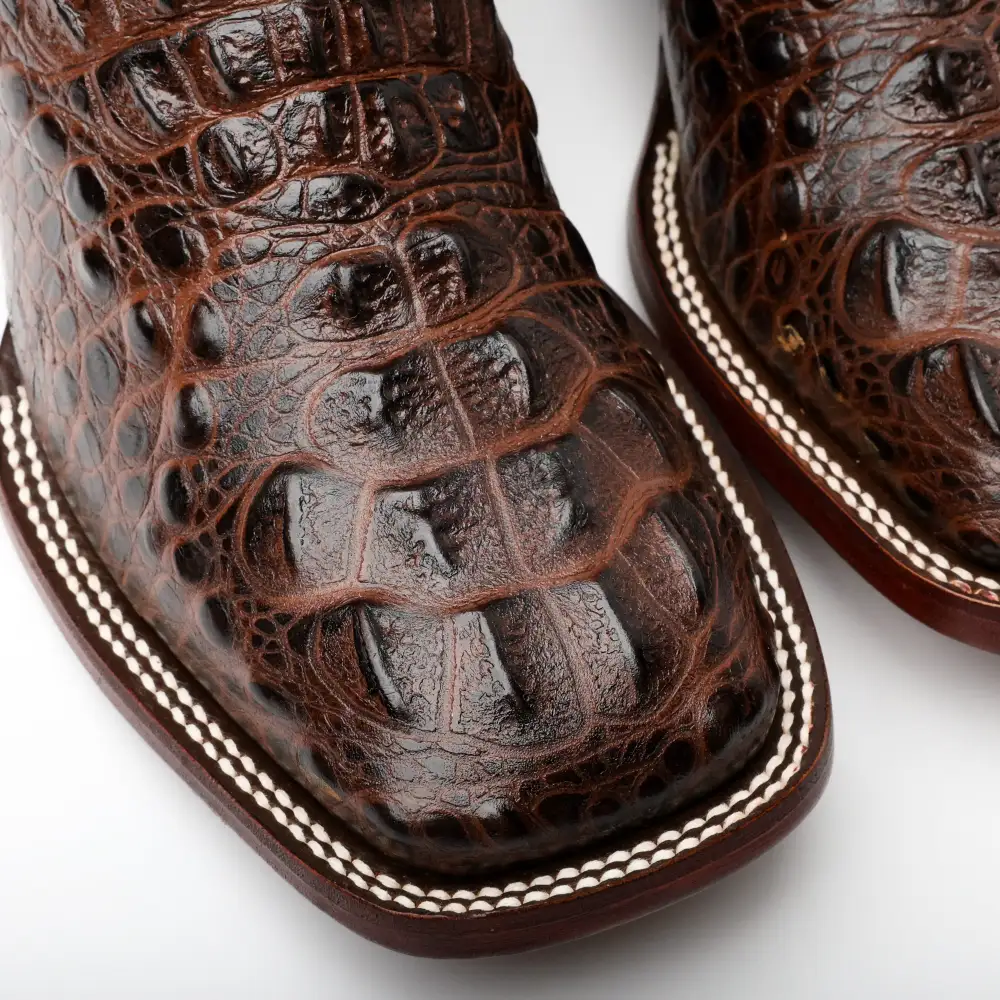 Brown Caiman Neck Leather Boots - Square Toe