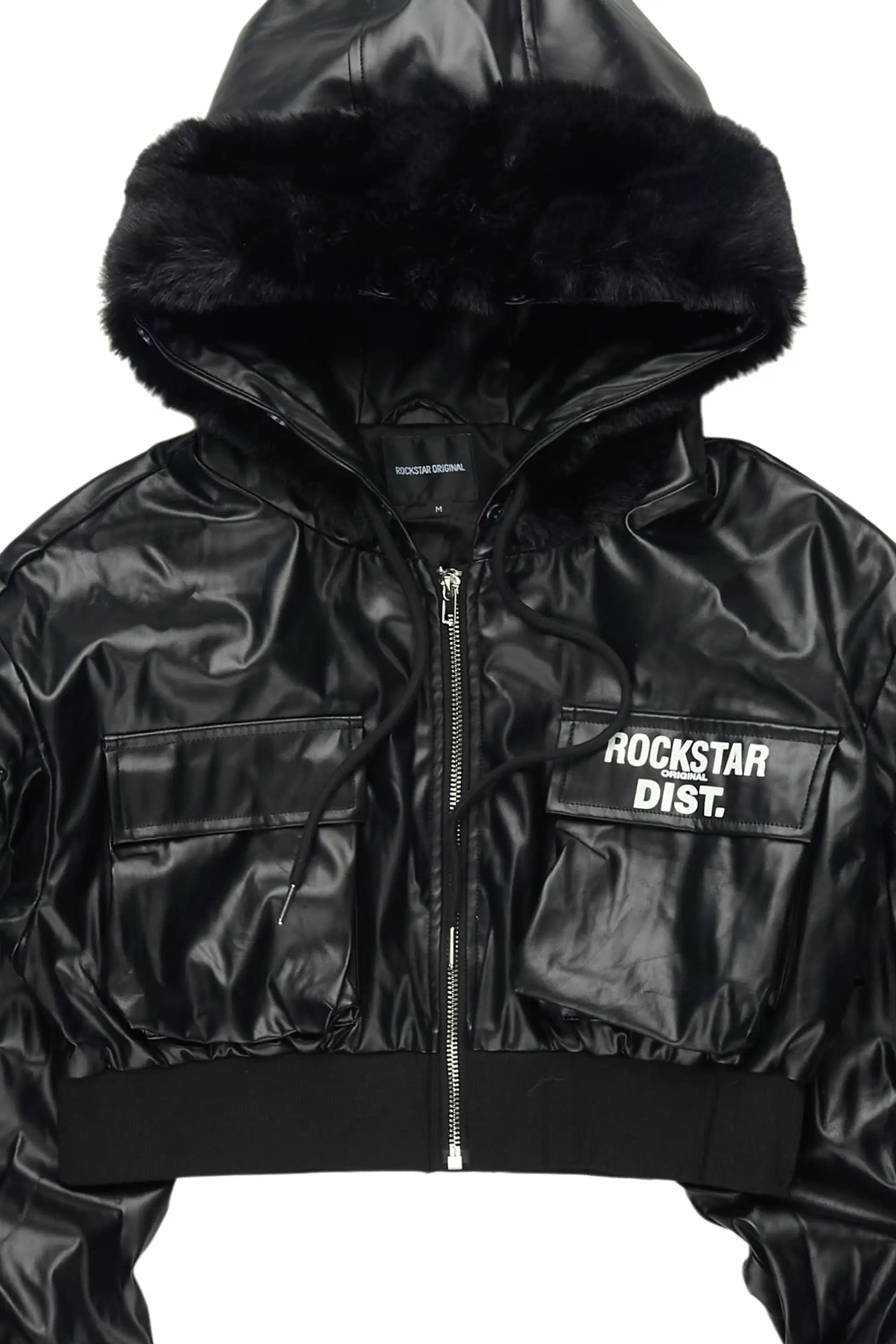 Amyia Black PU Jacket With Fur Hoodd