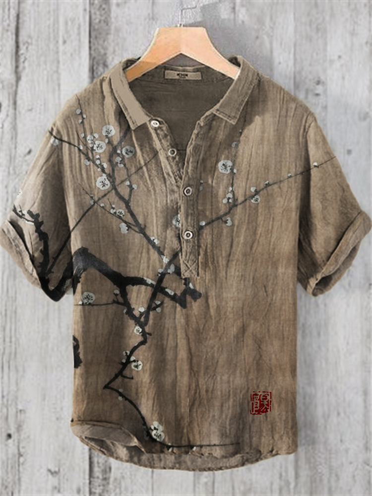 Plum Blossom Japanese Art Linen Blend Shirt