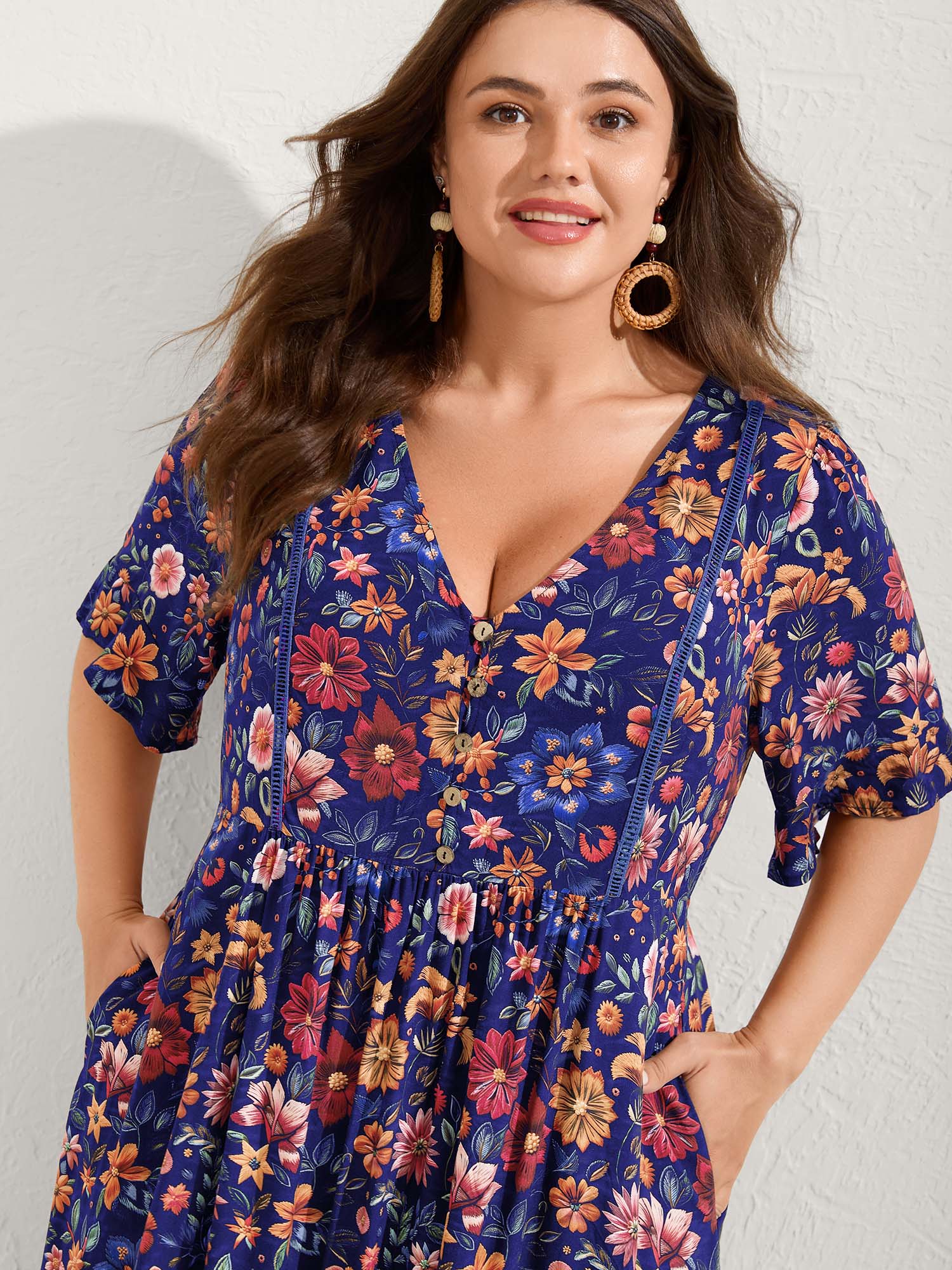 Rayon Floral Lace Trim Button Maxi Dress