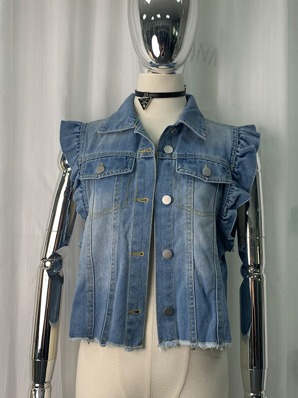 Buttoned Fringed Pockets Split-Joint Loose Ruffle Sleeves Lapel Vest Outerwear