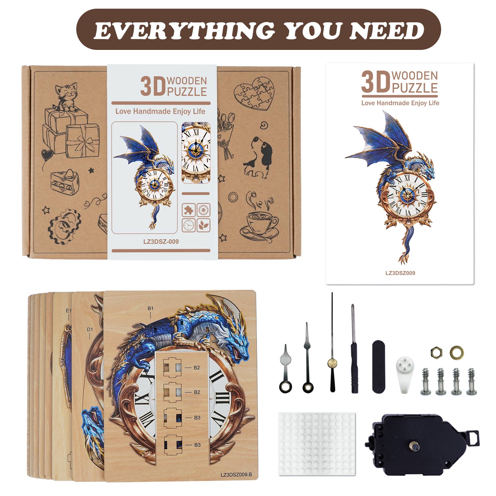 Blue Dragonâ€“ DIY Wooden Clock, 3D Puzzle Craft Kit