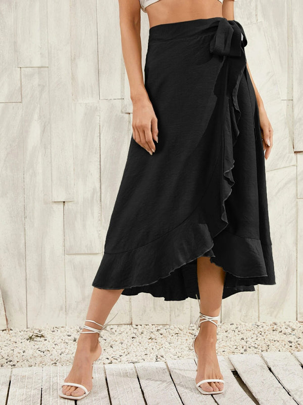 Waist Tie Solid Color Irregular Midi Flare Skirt