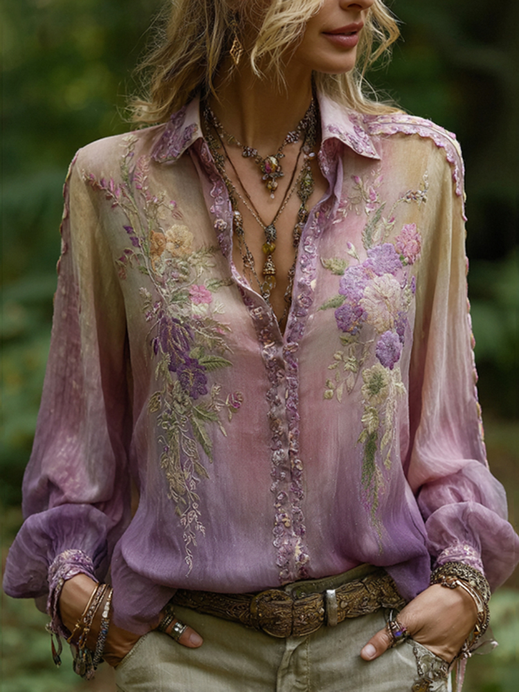Vintage Purple Lavender And Floral Embroidered Button Linen Shirt