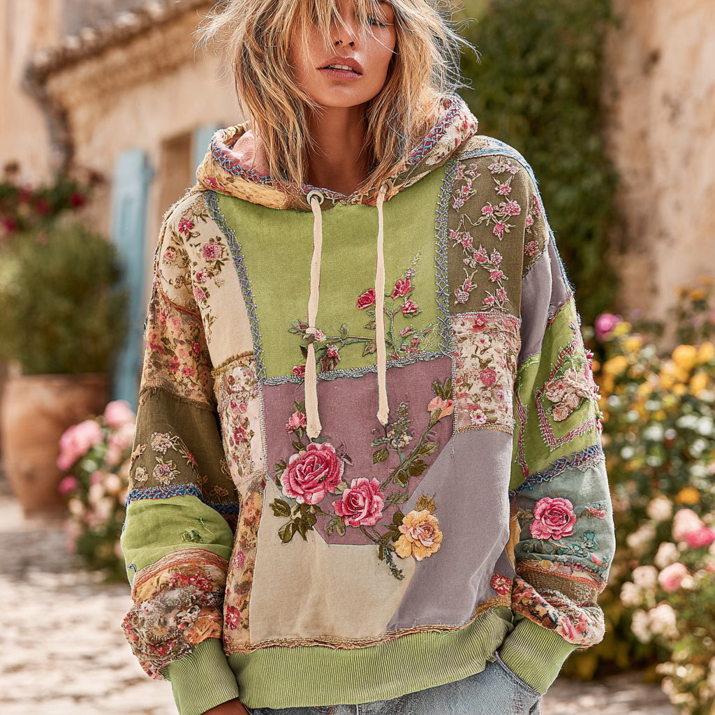 Vintage Rose Floral Patch Comfortable Warm Hoodie