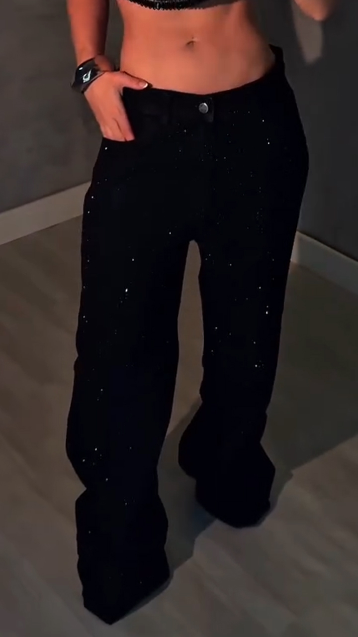 Women Rhinestone Washed Casual Jeans