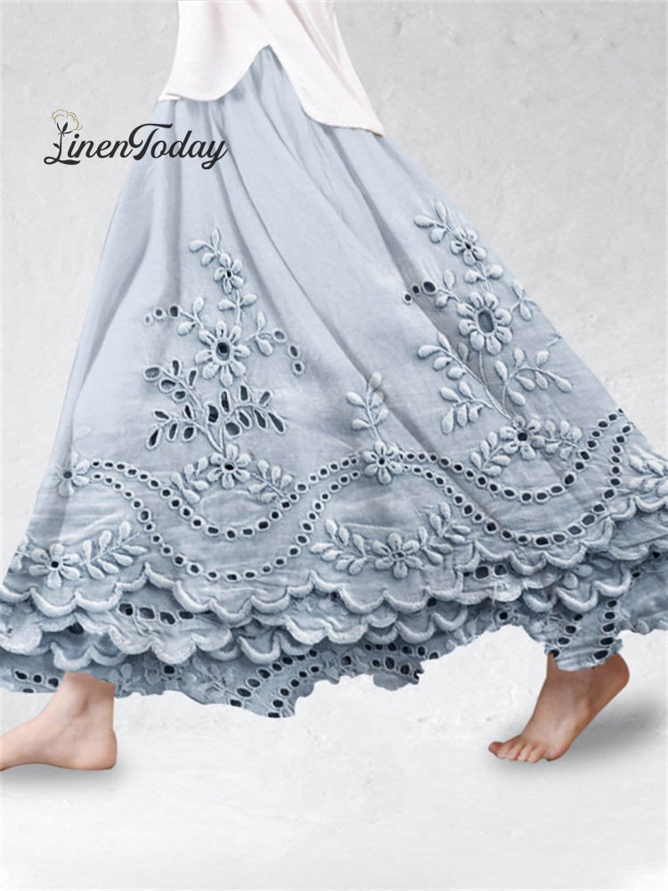 Women's Vintage Floral Art Pattern Solid Color Loose Elegant 3D Printed Cotton And Linen Skirt