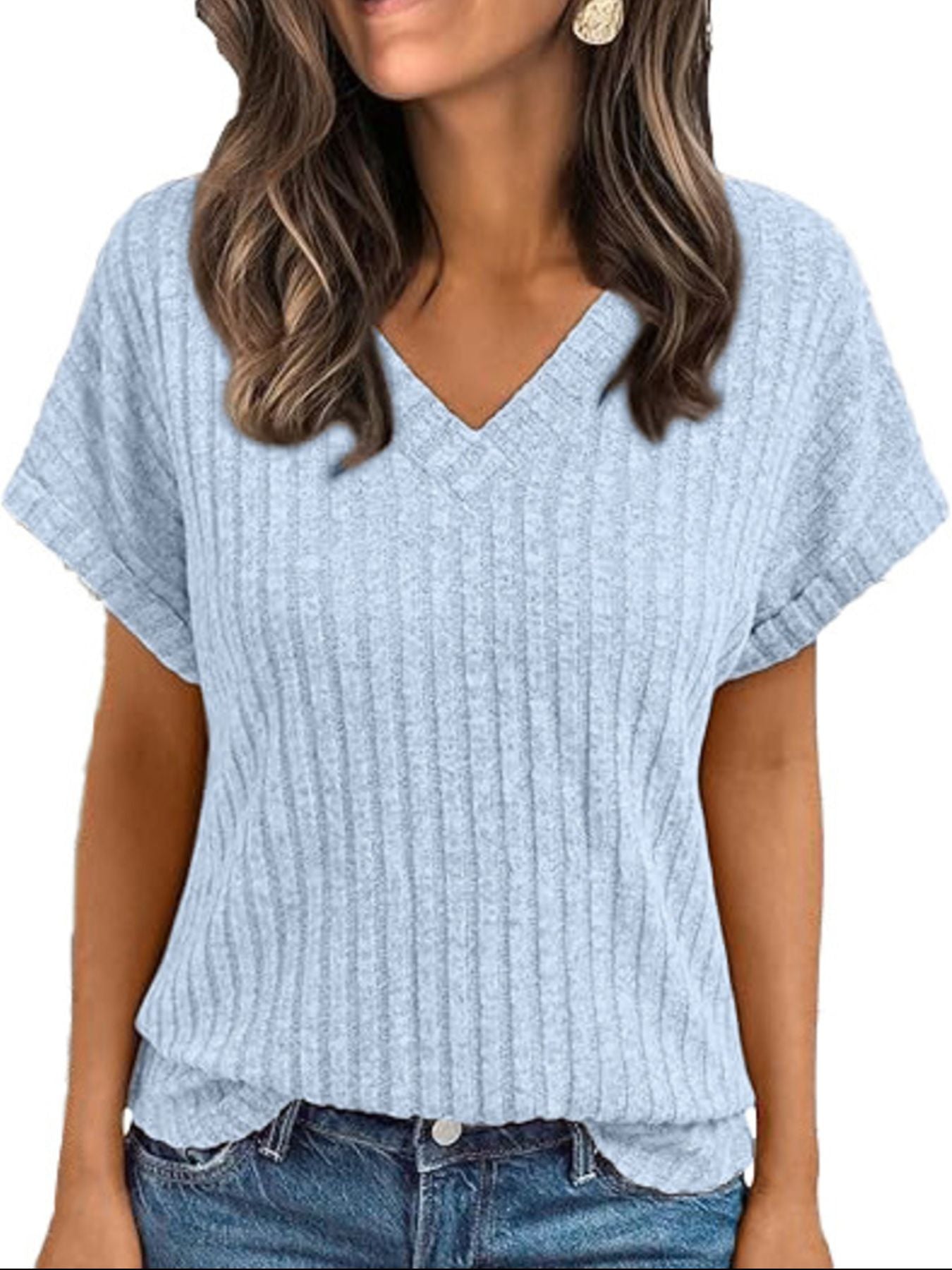 Ribbed Knit V-Neck Relaxed Fit T-Shirt