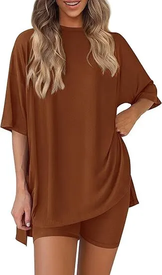 Women's Two Piece Lounge Set 2026 Summer Casual Oversized Shirts