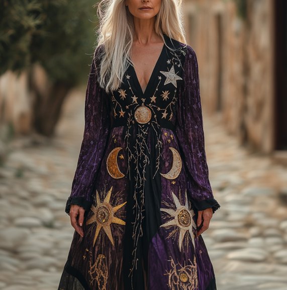 Vintage linen dress with star and sun embroidery 5501