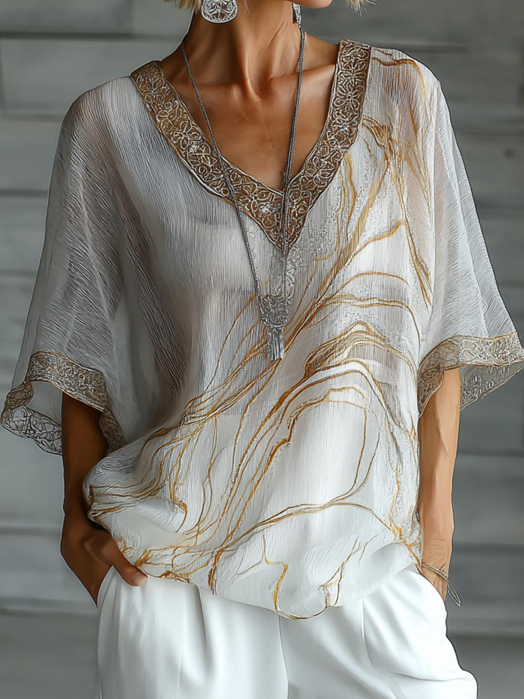 Vintage Marble Texture Collection Bohemia Style Gradient  Gilded Pattern Linen V Neck Women‘s T-shirt