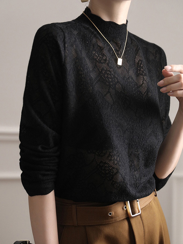 Hollow Jacquard Solid Color Long Sleeves T-Shirts Tops Knitwear