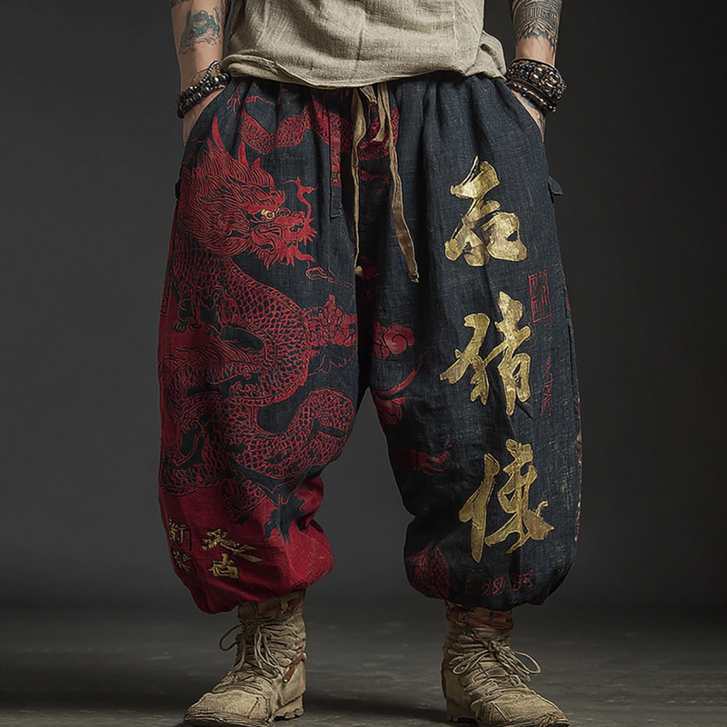 Men's Japanese Dragon Art Flowy Wide Leg Linen Pants
