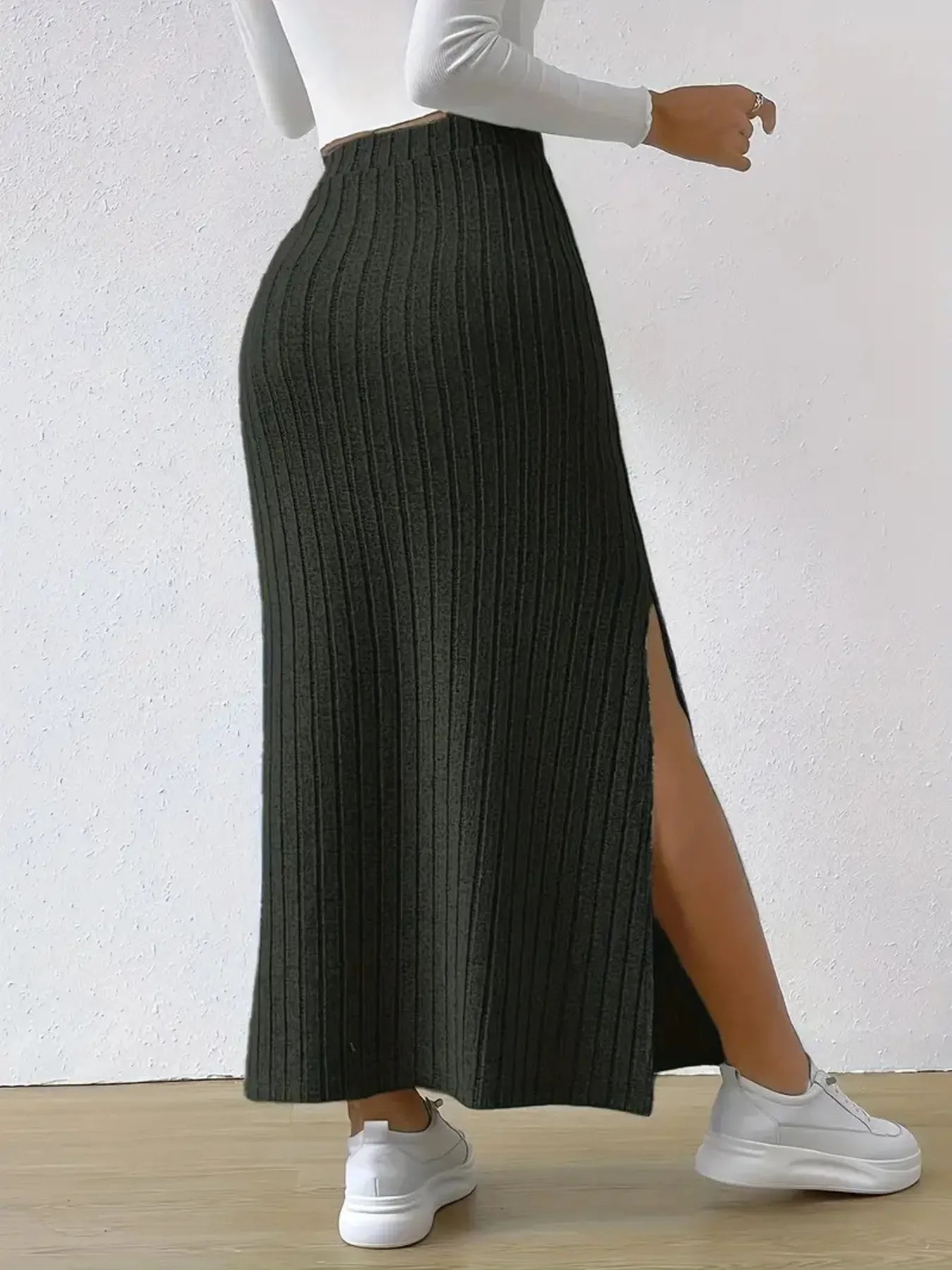 High Waist Ribbed Knit Maxi Skirt