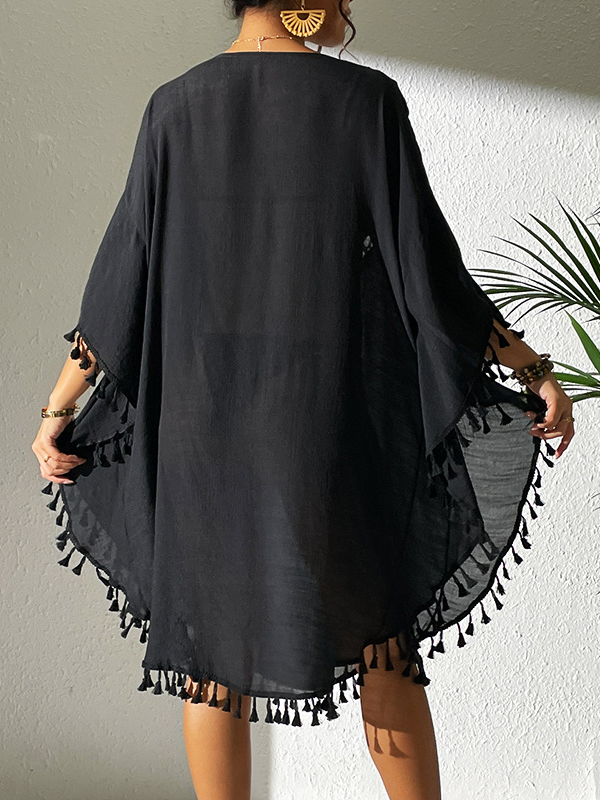 Hollow Solid Color Sun Protection Tasseled Batwing Sleeves Loose Round-Neck Midi Dresses Cover-Ups Tops
