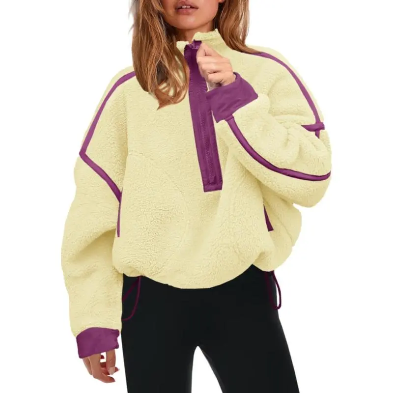 Women's Half Zip Sherpa Fleece Color Block Pullover Soft Oversized Sweatshirt