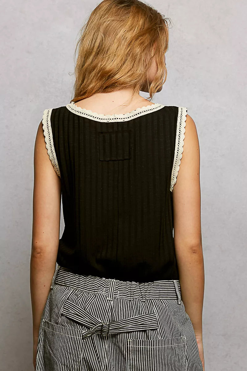 POL Ribbed Round Neck Tank with Lace Trim