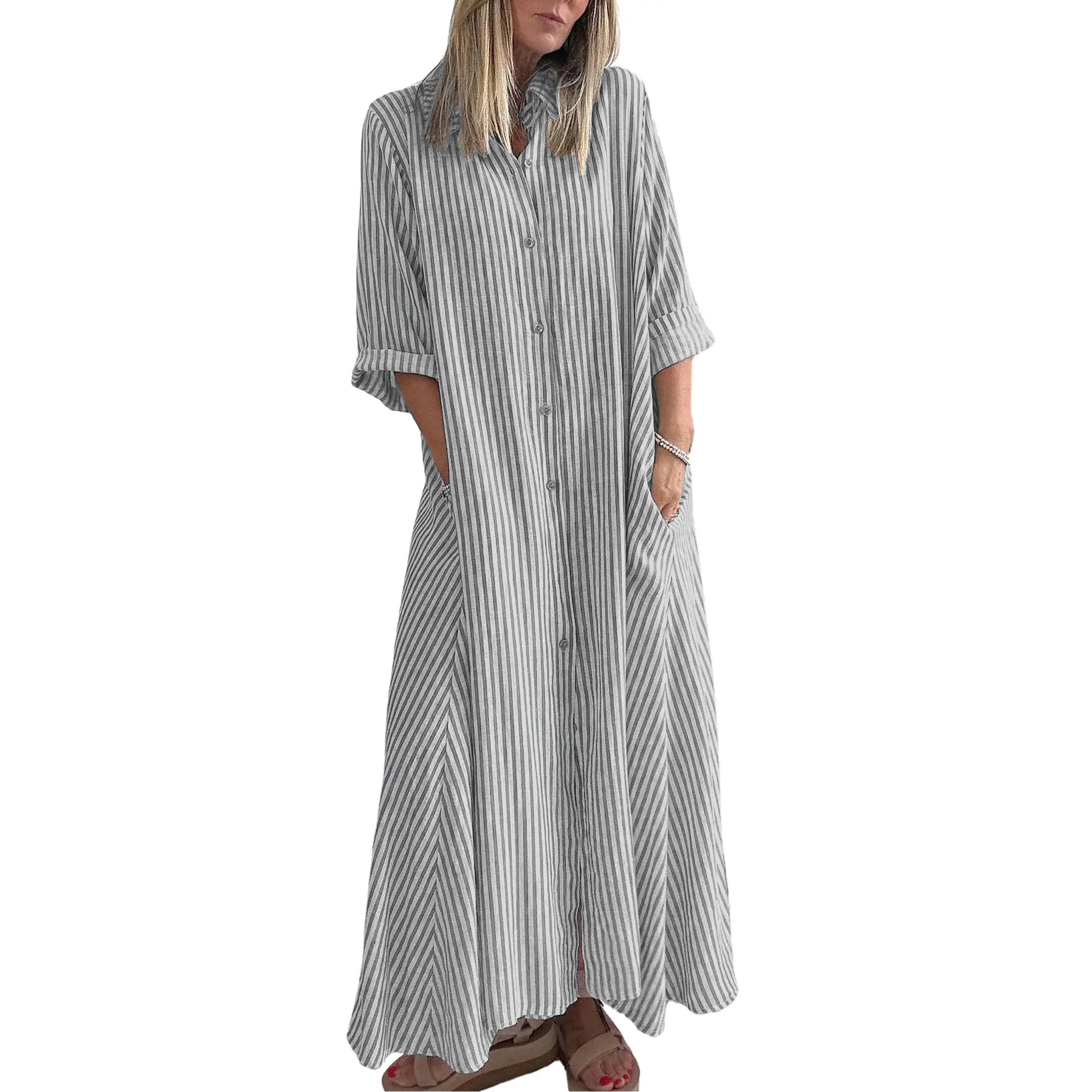 Chouyatou Women's Summer Long Shirt Dress Bohemian Style Striped Dress Casual Button-Down Three-Quarter Sleeve Maxi Dress with Pockets