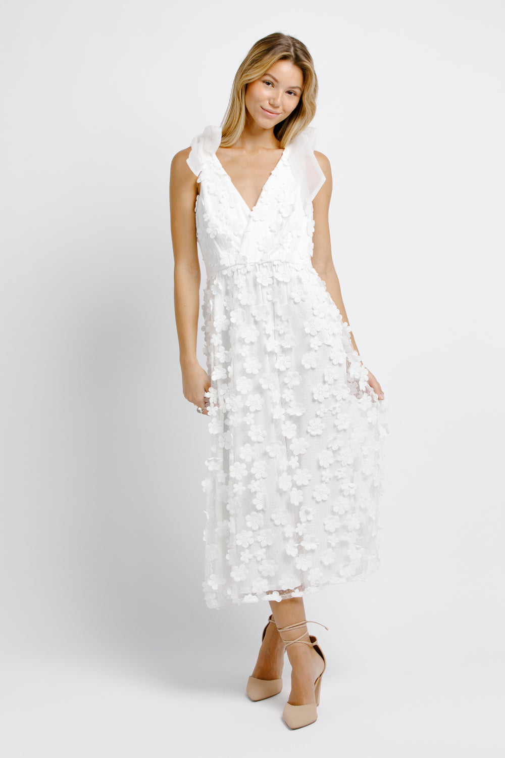 Adalynn White 3D Floral Embroidered Midi Dress