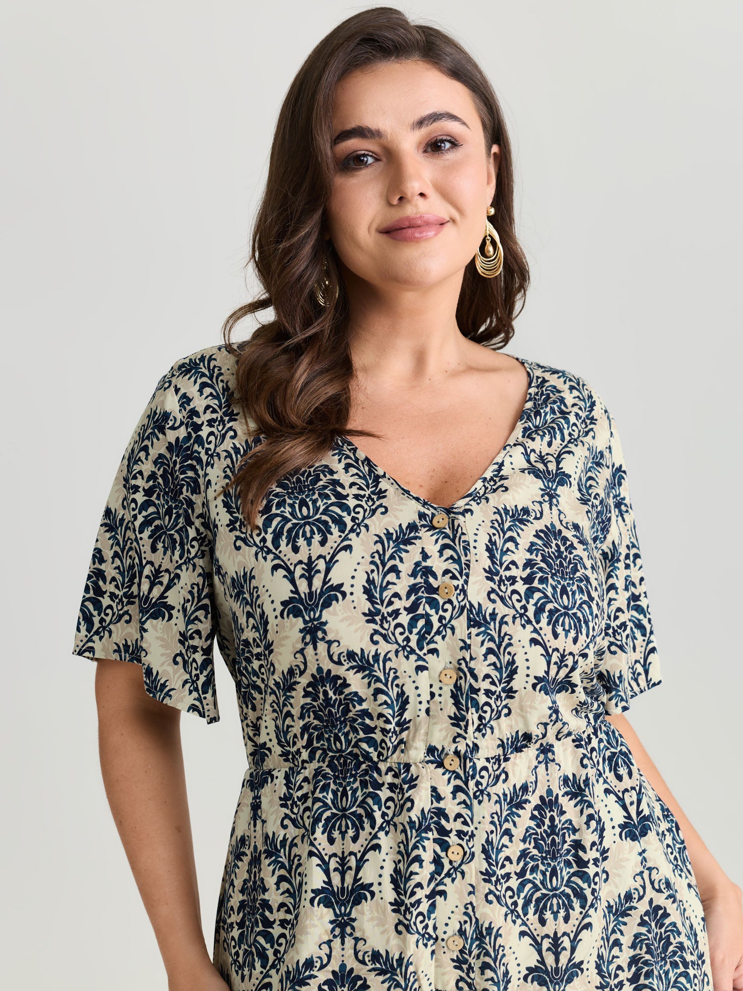 Tropical Leaf Print Pockets Button Romper
