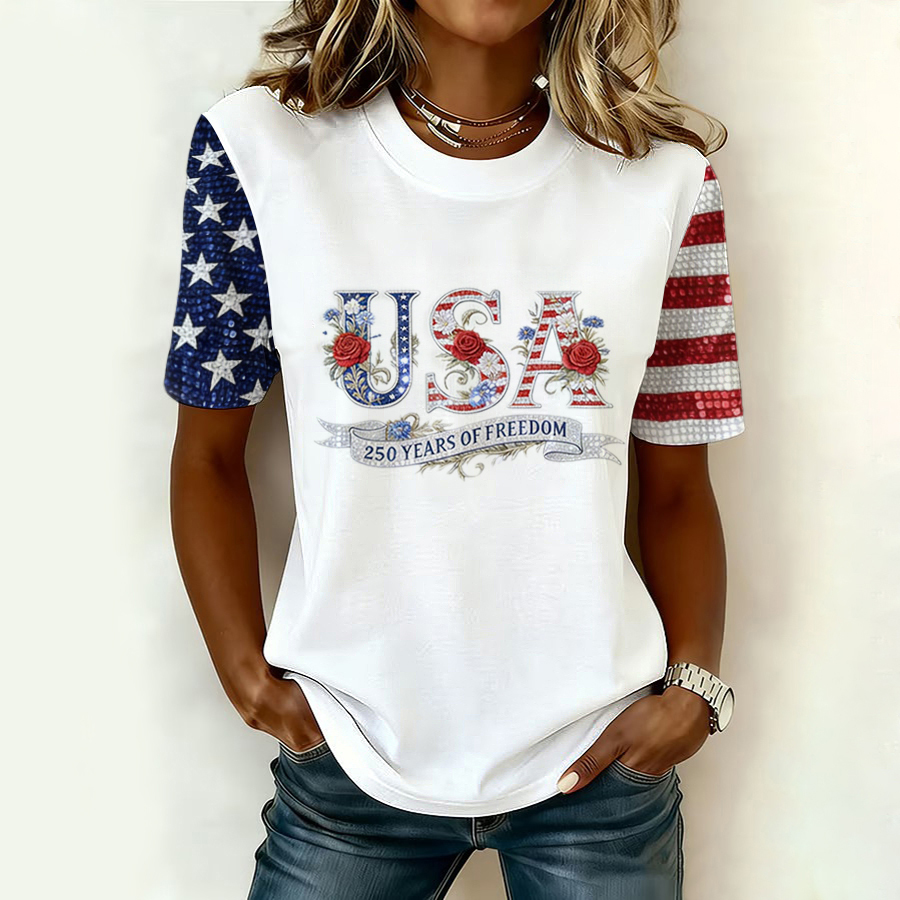 Women'S Retro American Independence Day 250Th Anniversary Printed Round Neck Short Sleeved T-Shirt